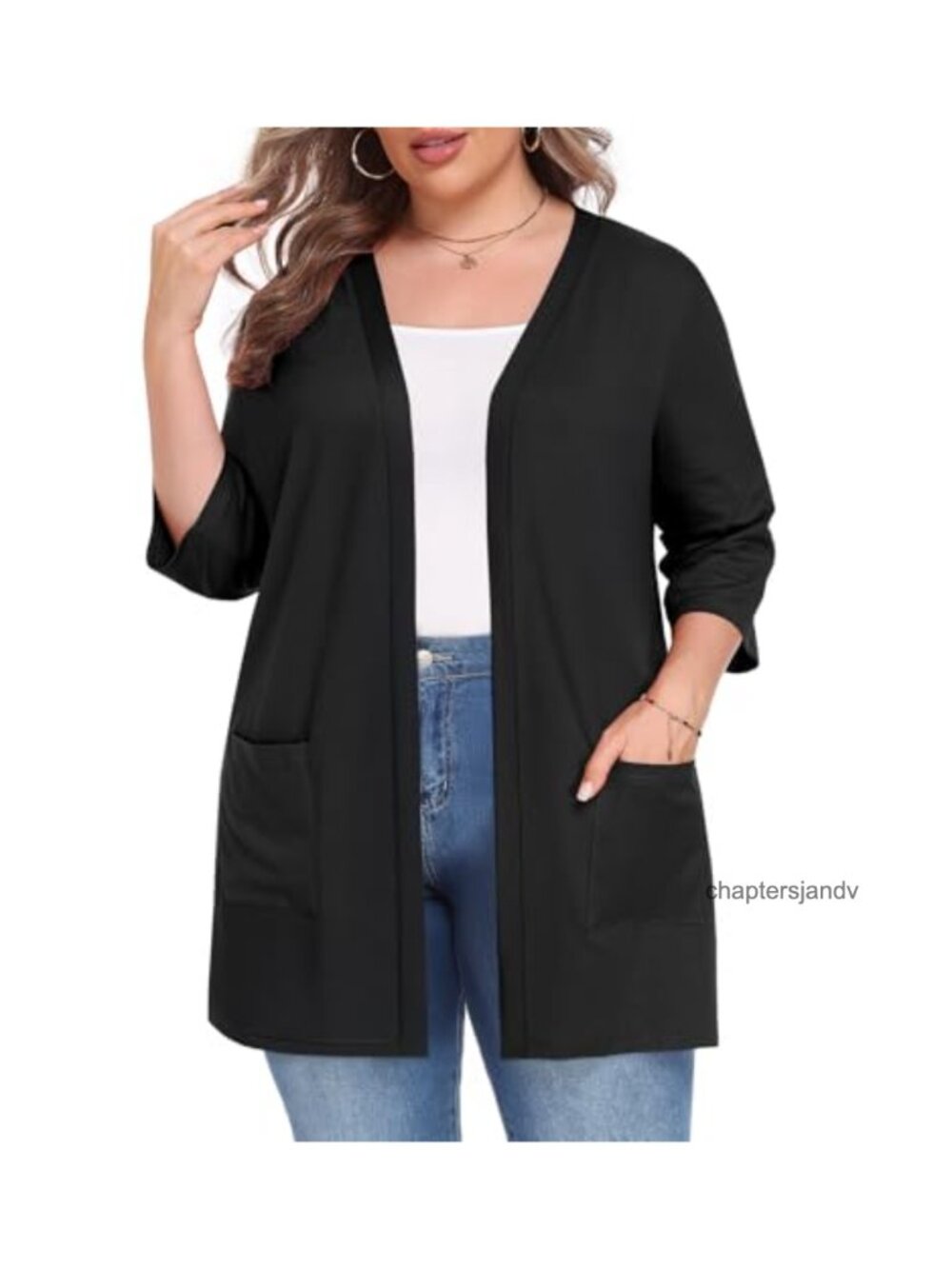 Plus Size Lightweight Open Front Cardigan 3/4 Sleeve Casual Layer